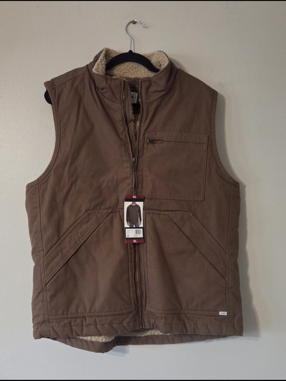 NWT Lee Workwear Mens XL Khaki Brown Canvas Sherpa Lined Zip Vest LM35VT442
